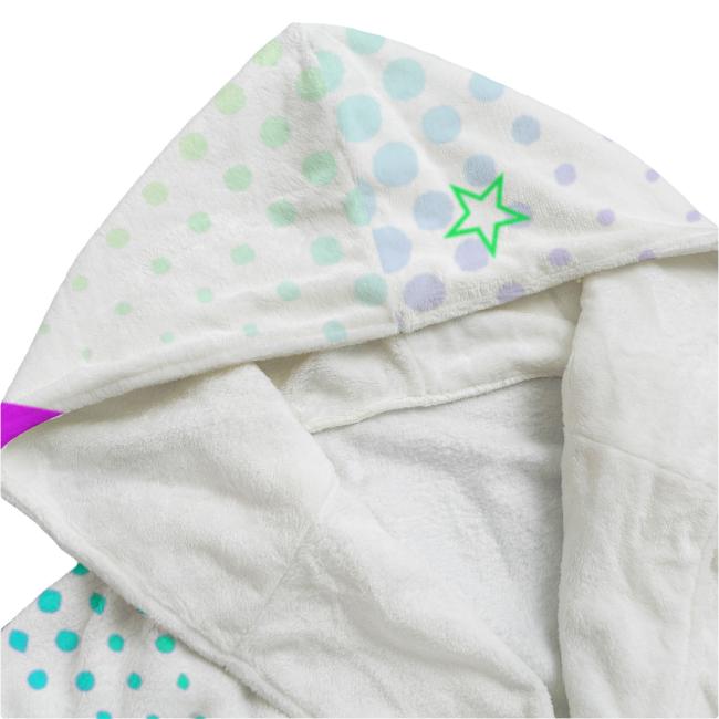 Preview: Bunter Bademantel Sunny aus Flanell – flauschig & farbenfroh, Größen S–2XL; Golden Retriever, Goldy